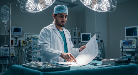 Focused surgeon meticulously reviews surgical plan in a modern operating room, illuminated by surgical lights.