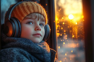 Young Boy Listening to Music by Window at Sunset