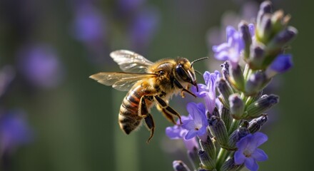 Honeybee collecting nectar from blooming lavender flowers in a natural setting closeup with soft