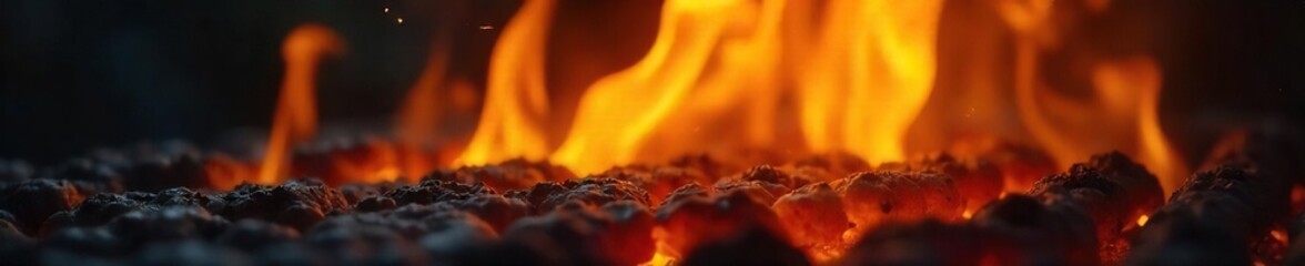 Intense Grilling Flames Vibrant Orange and Yellow Fire Licking Upwards, Illuminating the Night - Perfect for BBQ, Summer, and Food Themes
