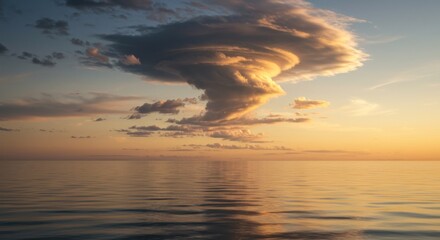 Obraz premium Serene ocean landscape with a magnificent, swirling cumulonimbus cloud at dusk offering tranquility