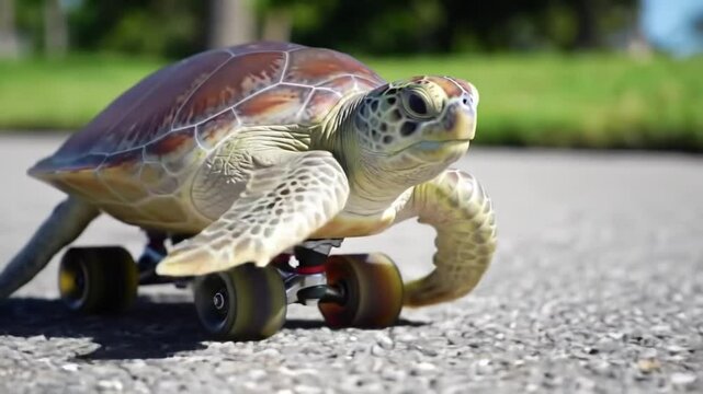 Turtle riding skateboard showing unexpected cuteness and quirky transportation
