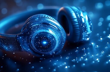Immersive Audio Blue Headphones and Sparkling Lights