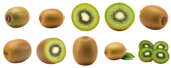Whole and sliced kiwi fruit in various angles on white background, set  