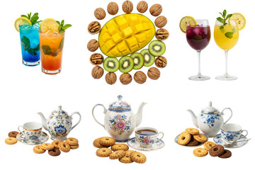 Refreshing beverages and traditional tea set with cookies and fruits, set 