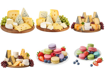 Assorted cheese platter with fruits and colorful macarons on white background, set