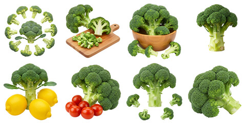 Broccoli arranged on a white background with tomatoes and lemons, set  