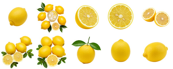Fresh yellow lemons arranged in various styles and cuts on white background, set  