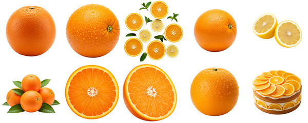 Fresh oranges and orange slices arranged in a colorful display, set  