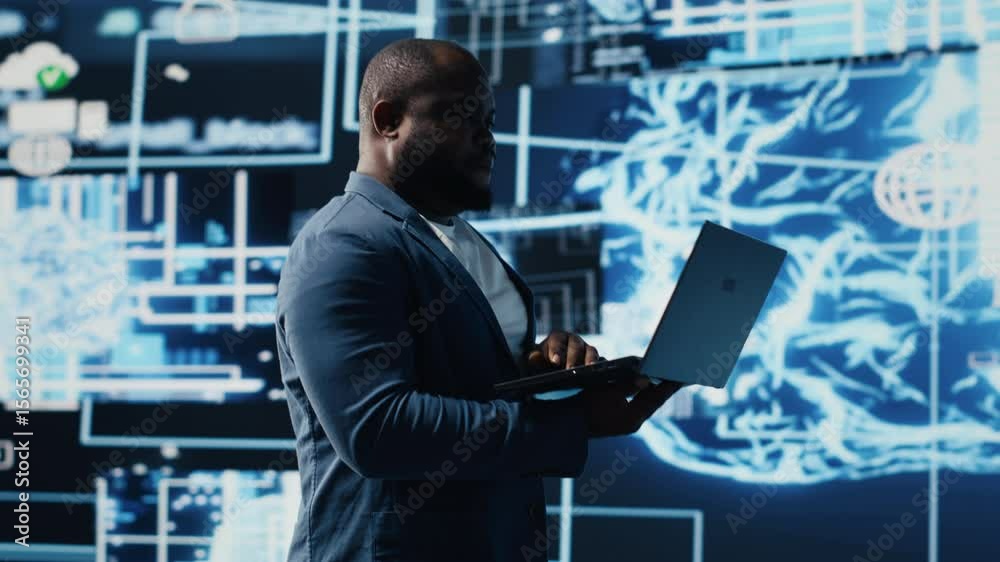 Poster modern african american specialist works in ai data visualization environment, illustrating computer