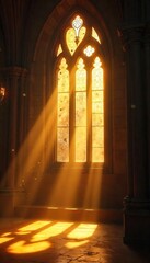 Mystical Golden Sunlight Streams Through Stained Glass, Illuminating Dust Motes in a Sacred Space, Creating an Ethereal Atmosphere of Divine Light and Warm, Rich Tones.