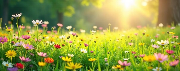 Sun-drenched springtime meadow bursting with wildflowers, vibrant colors, and gentle breezes Perfect for nature, spring, or idyllic backgrounds , beauty in nature, blue