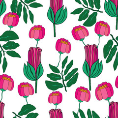 pink petals with rose buds seamless pattern. pink colored closed roses with buds and leaves seamless pattern. It is good for fabric, textile, decoration, wrapping, printable and more.