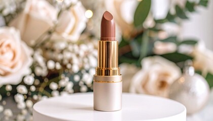 Elegant Lipstick on White Pedestal with Floral Background