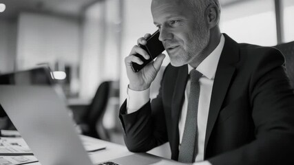Man in suit multitasking at desk, engaged in phone conversation while looking at computer screen.