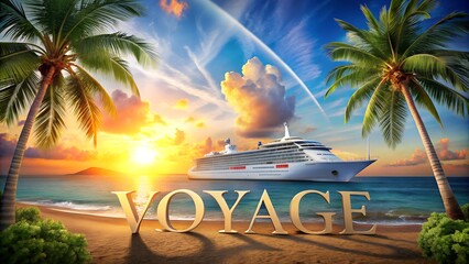 Scenic view with cruise ship tropical palms and word Voyage expressing concept of travel escape ocean adventure leisure vacation dream destination used for advertisement template and tourism design