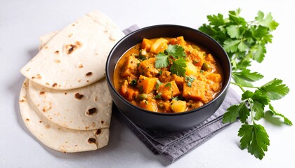 Curry in Black Bowl with Flatbread and Herbs