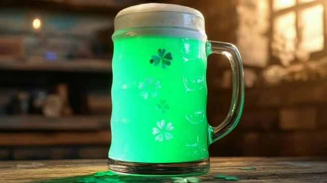A traditional stein with green beer and shamrock decorations.