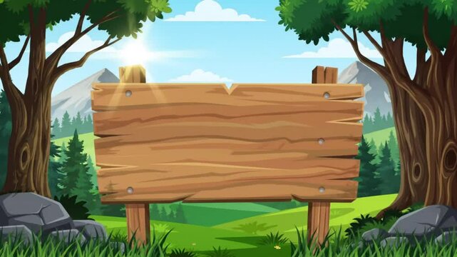 Animated wooden stage under sunny sky for outdoor scenes or children&rsquo;s story
