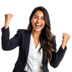 Ecstatic young business woman in a black blazer cheering with fists raised, expressing joy and success on an isolated transparent background.