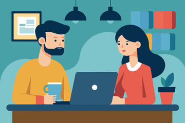 Modern Couple Collaborating on Laptop, Flat Design, Casual Workspace