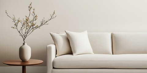 Decluttered home decor idea. Modern sofa with decorative vase and branches on a table.