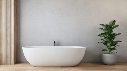 Decluttered home decor idea. Modern bathroom with a freestanding tub and decorative plant.