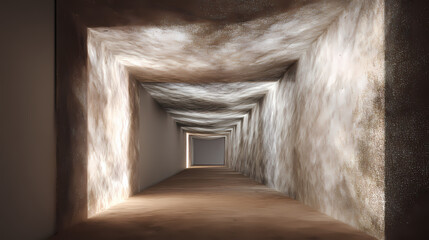 Fototapeta premium cover design for introspective journal | trace architecture of emotion | flickering nearness | resin brown under whispering white | angled corridor split | threadbare curtain pushed slightly | soft