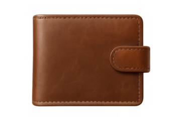Brown leather wallet folding, displaying compact design against transparent backdrop