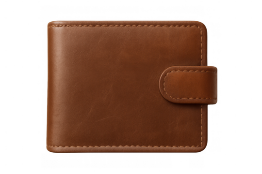 Brown leather wallet folding, displaying compact design against transparent backdrop - Powered by Adobe