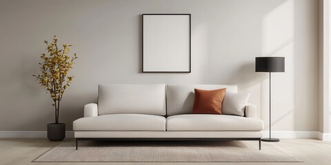 Decluttered home decor idea. Modern living room with a stylish sofa and decorative elements.