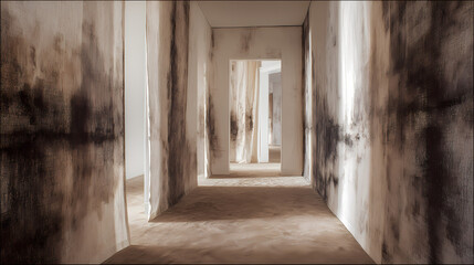 cover design for introspective journal | trace architecture of emotion | flickering nearness | resin brown under whispering white | angled corridor split | threadbare curtain pushed slightly | soft