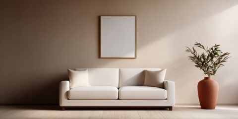Decluttered home decor idea. Modern living room with a sofa, artwork, and plant decor.