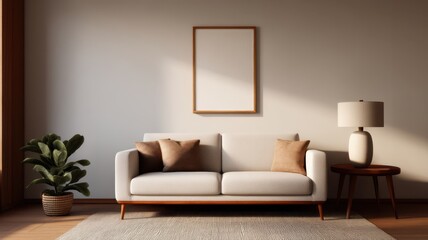 Decluttered home decor idea. Cozy living room with a sofa, lamp, and decorative plants.