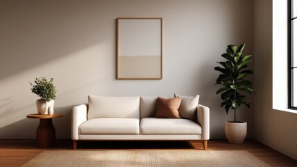 Decluttered home decor idea. Modern living room with couch, plant, and decorative elements.