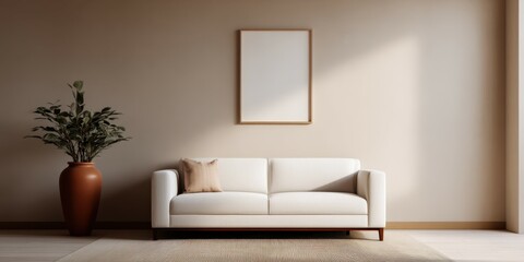 Decluttered home decor idea. Modern living room with sofa and decorative plant.