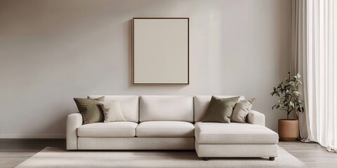 Decluttered home decor idea. Modern living room with a cozy sofa and minimalist decor