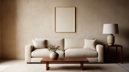 Decluttered home decor idea. Cozy living room with a beige sofa and minimalist decor.