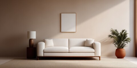 Decluttered home decor idea. Modern living room with a cozy sofa and decorative plants.