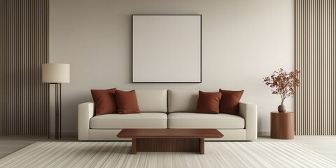 Decluttered home decor idea. Modern living room with neutral tones and cozy furnishings.