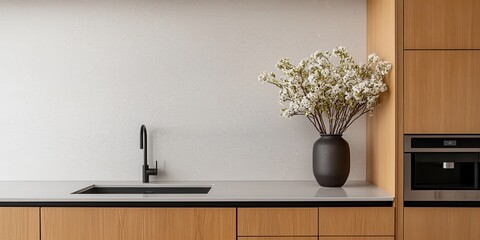 Decluttered home decor idea. Modern kitchen with a vase of dried flowers on the countertop.