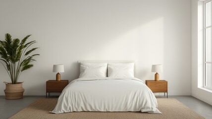 Decluttered home decor idea. Modern bedroom with minimalist design and natural light.