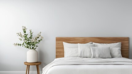 Decluttered home decor idea. Modern bedroom with minimalist decor and floral arrangement.