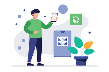 Man scanning QR code on smartphone, flat design, modern technology, digital lifestyle, simple illustration.