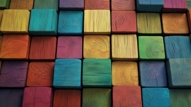Multi-colored wooden cubes forming a vibrant mosaic pattern on a grey surface.