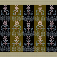 Vertical stripes on a dark and olive green fabric design and repeats. intricate floral or geometric patterns in pale pink, blue, or pixelated 