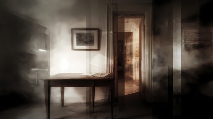 poster concept for lost intimacy study | departure framed by domestic matter | evacuated memory | tarnished ivory beneath candle blush | angled corridor split | table edge curved inward | foldline