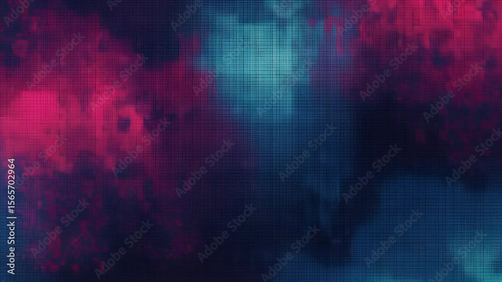 Poster abstract background with blurred pink and teal forms overlaid with a grid pattern creating a sense o