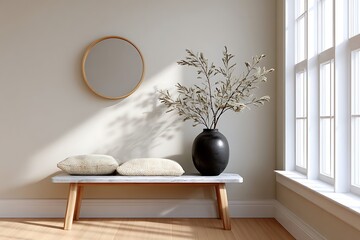 Inviting entryway with a bench textured pillows vase and round mirror creating a serene minimalist aesthetic.