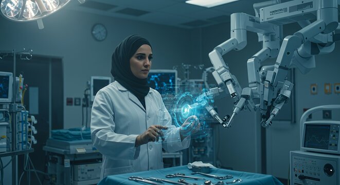 Female surgeon uses futuristic holographic interface to control robotic surgical arm in operating room.